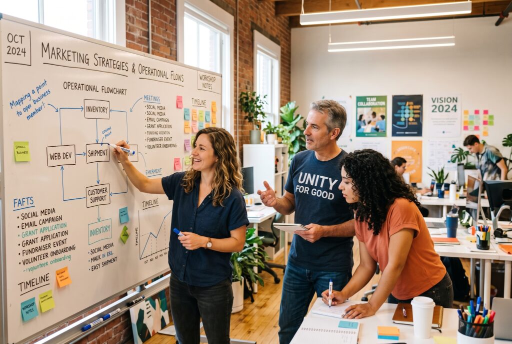 Small business team member coaching non-profit staff on marketing and operational strategy at a whiteboard.